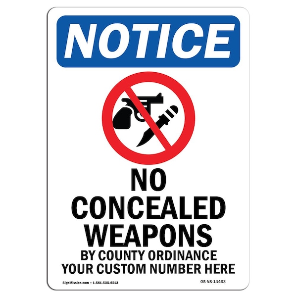 Safety Sign, OSHA Notice, 18" Height, No Concealed Weapons Sign With Symbol, Portrait